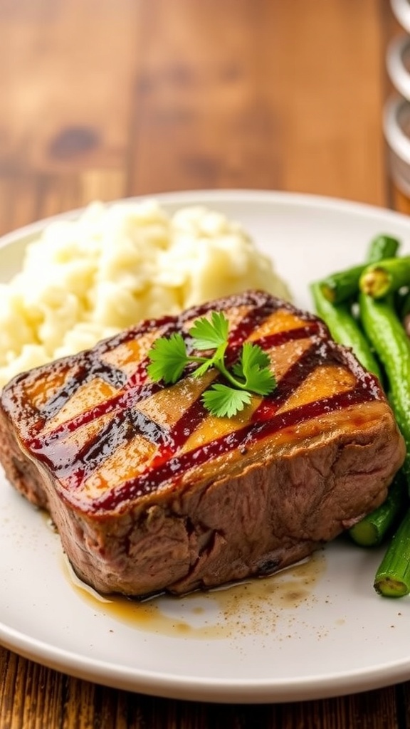Air fryer cube steak garnished with parsley, served with vegetables and mashed potatoes on a rustic table.